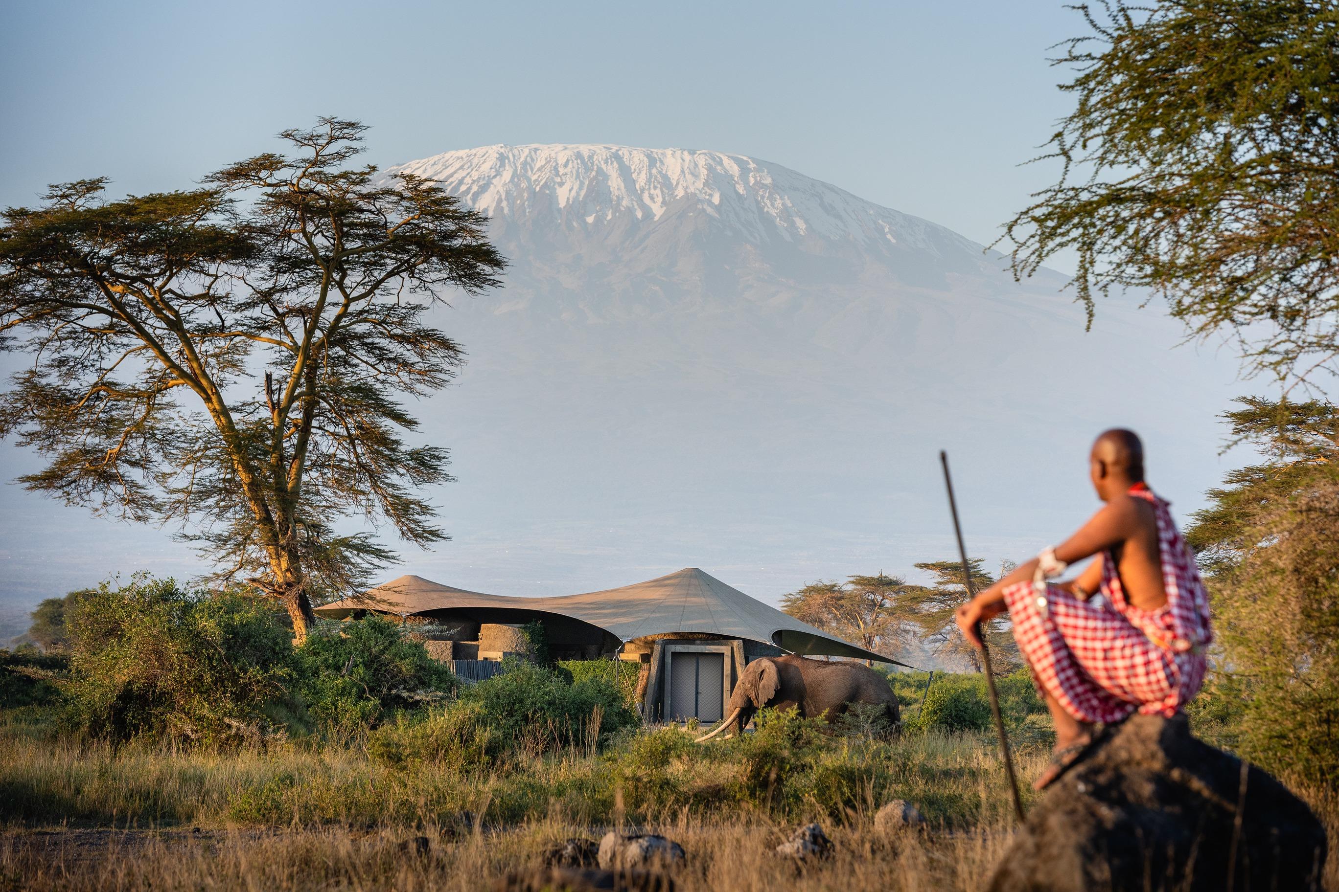 Kenya guest suite overlooking elephant country and Mount Kilimanjaro